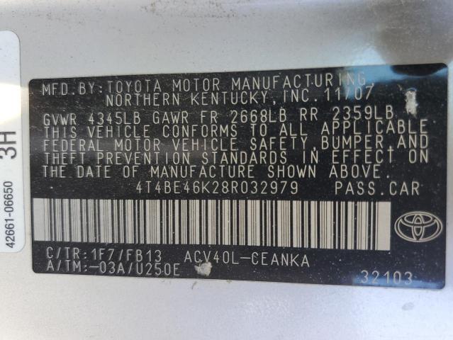 4T4BE46K28R032979 - 2008 TOYOTA CAMRY CE SILVER photo 12