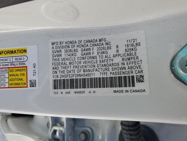 2HGFE2F29NH546011 - 2022 HONDA CIVIC LX WHITE photo 12