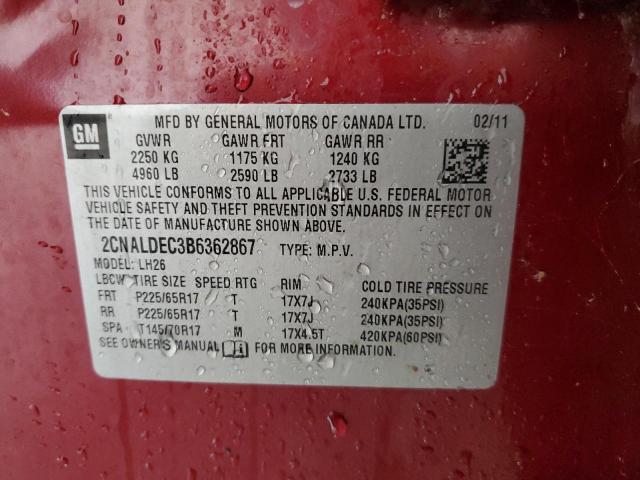 2CNALDEC3B6362867 - 2011 CHEVROLET EQUINOX LT RED photo 14