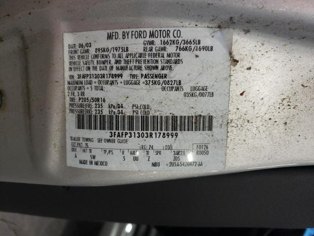 3FAFP31303R178999 - 2003 FORD FOCUS ZX3 SILVER photo 12