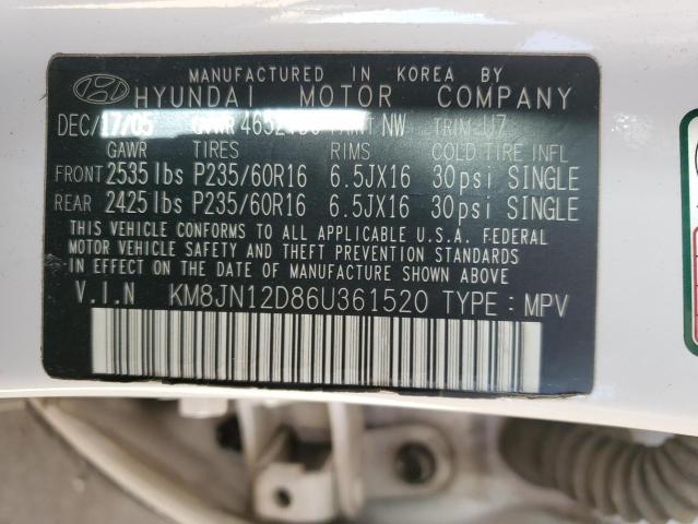 KM8JN12D86U361520 - 2006 HYUNDAI TUCSON GLS WHITE photo 13