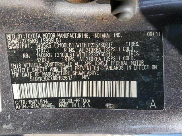 5TDYK3DCXCS182617 - 2012 TOYOTA SIENNA XLE CHARCOAL photo 13