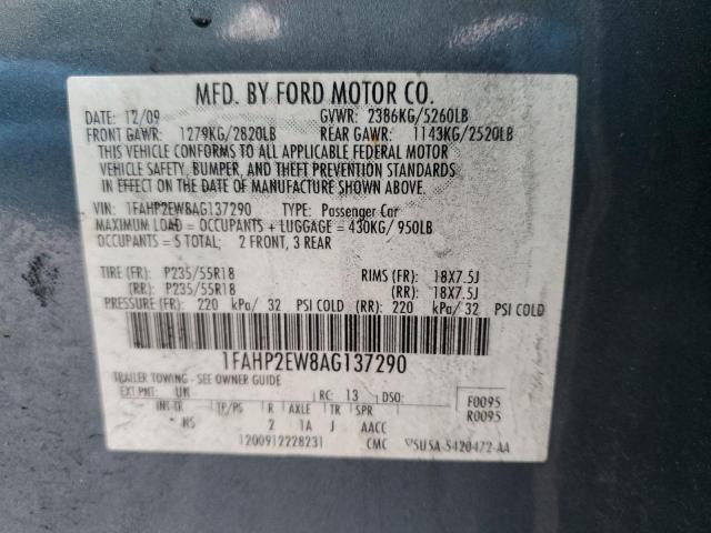 1FAHP2EW8AG137290 - 2010 FORD TAURUS SEL BLUE photo 12