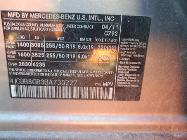 4JGBB8GB3BA730227 - 2011 MERCEDES-BENZ ML 350 4MATIC GRAY photo 13