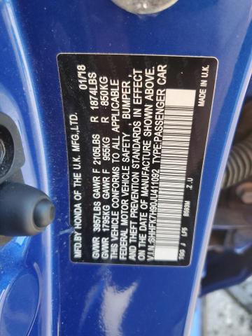 SHHFK7H90JU411092 - 2018 HONDA CIVIC SPORT TOURING BLUE photo 12