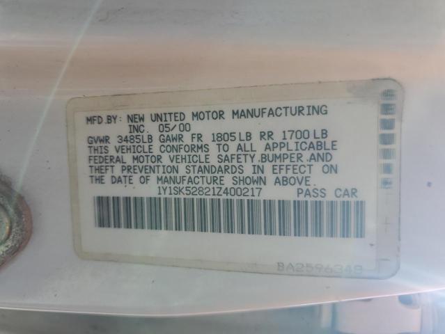 1Y1SK52821Z400217 - 2001 CHEVROLET GEO PRIZM BASE WHITE photo 12