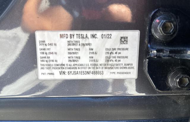 5YJSA1E53NF468653 - 2022 TESLA MODEL S 灰色 照片 10