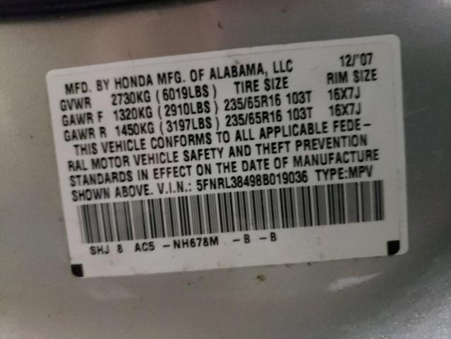 5FNRL38498B019036 - 2008 HONDA ODYSSEY EX GRAY photo 13