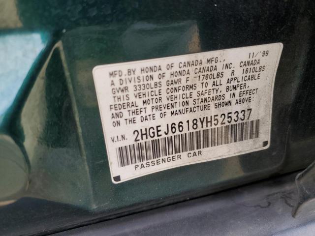 2HGEJ6618YH525337 - 2000 HONDA CIVIC BASE Yaşıl foto 12