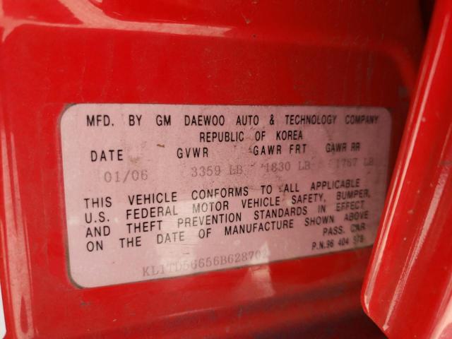 KL1TD56656B628702 - 2006 CHEVROLET AVEO BASE RED photo 12