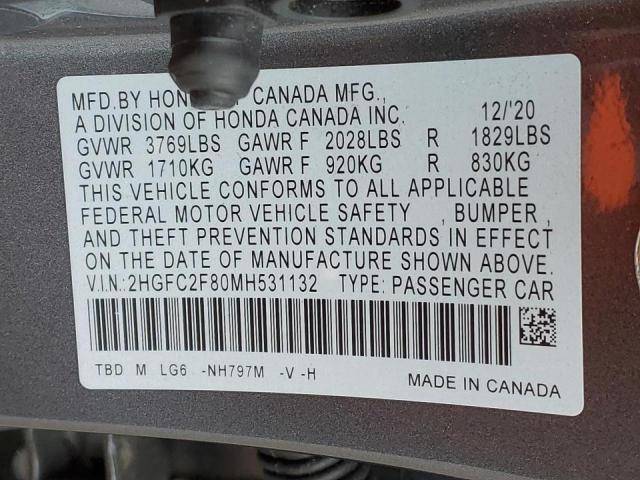 2HGFC2F80MH531132 - 2021 HONDA CIVIC SPORT 灰色 照片 12