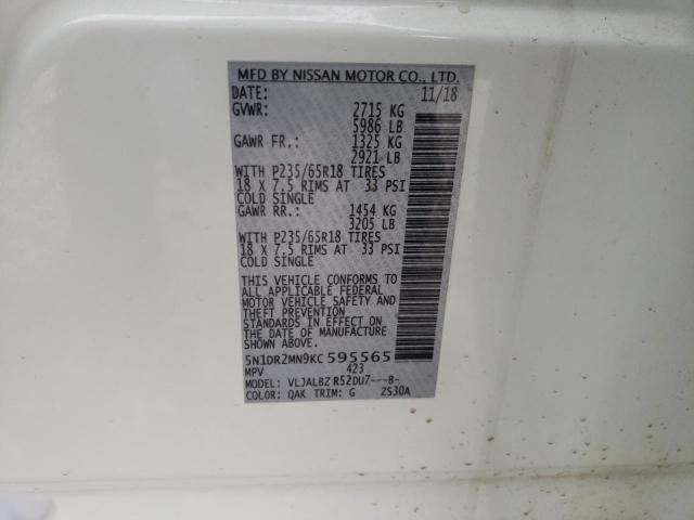 5N1DR2MN9KC595565 - 2019 NISSAN PATHFINDER S 白色 照片 13