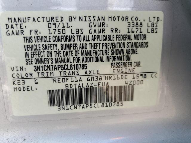 3N1CN7AP5CL810785 - 2012 NISSAN VERSA S SILVER photo 12