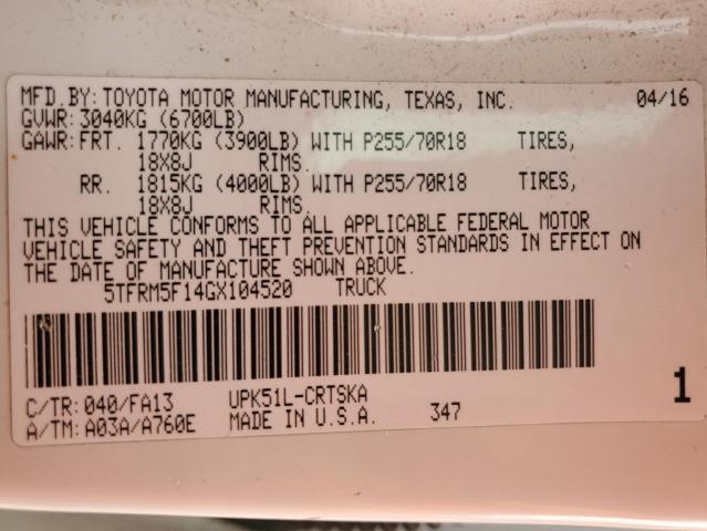 5TFRM5F14GX104520 - 2016 TOYOTA TUNDRA DOUBLE CAB SR/SR5 WHITE photo 12