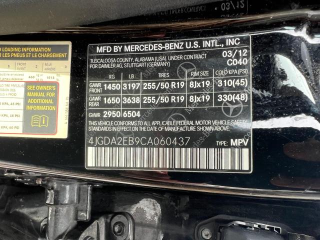 4JGDA2EB9CA060437 - 2012 MERCEDES-BENZ ML 350 BLUETEC BLACK photo 10