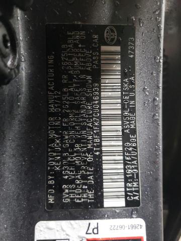 4T1BF1FK7CU046939 - 2012 TOYOTA CAMRY BASE Մոխրագույն լուսանկար 13