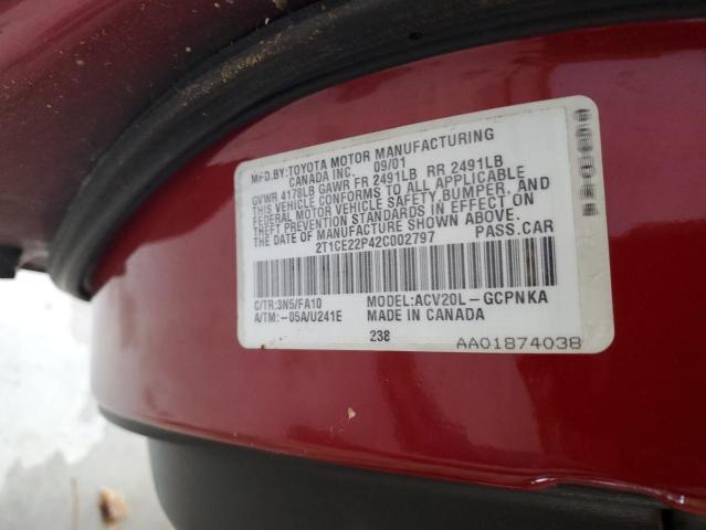 2T1CE22P42C002797 - 2002 TOYOTA CAMRY SOLA SE RED photo 12