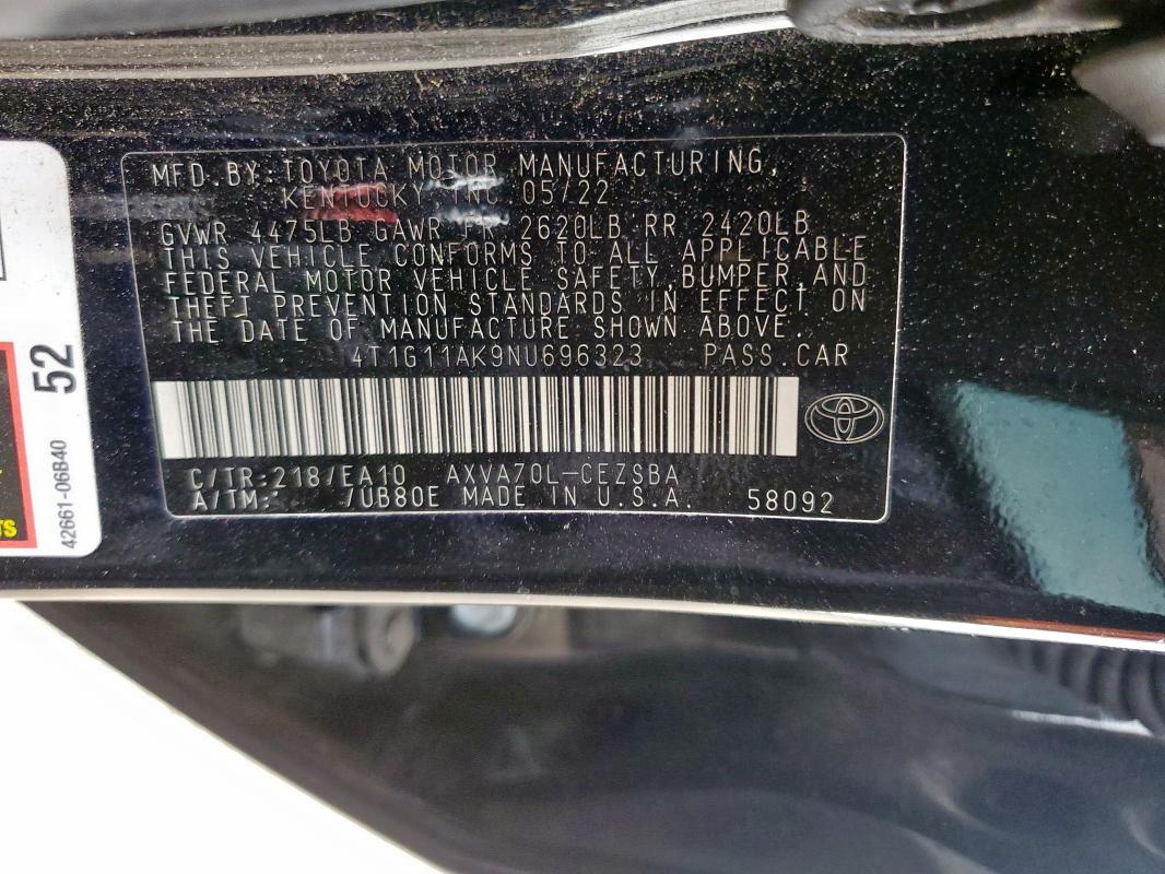 4T1G11AK9NU696323 - 2022 TOYOTA CAMRY SE BLACK photo 13