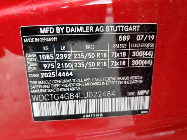 WDCTG4GB4LU022484 - 2020 MERCEDES-BENZ GLA 250 4MATIC RED photo 13