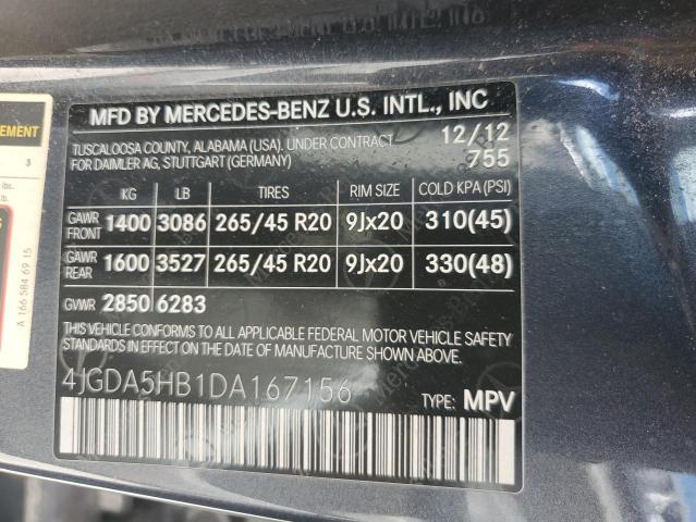 4JGDA5HB1DA167156 - 2013 MERCEDES-BENZ ML 350 4MATIC BLUE photo 13