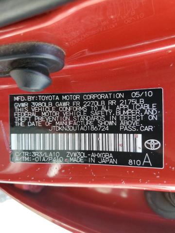 JTDKN3DU1A0186724 - 2010 TOYOTA PRIUS RED photo 12