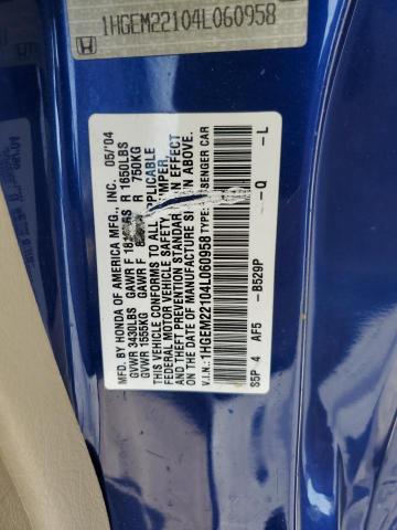 1HGEM22104L060958 - 2004 HONDA CIVIC DX VP Կապույտ լուսանկար 12