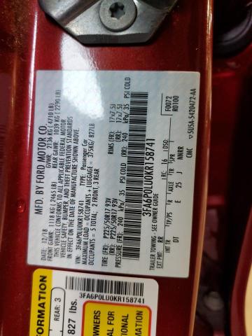 3FA6P0LU0KR158741 - 2019 FORD FUSION SE RED photo 13