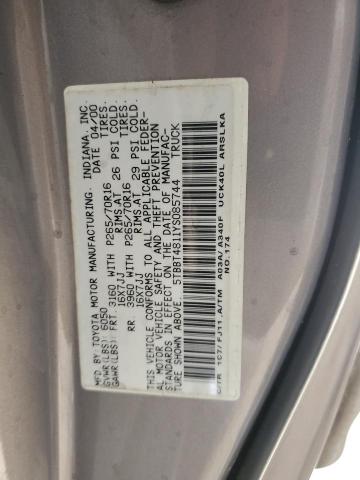 5TBBT4811YS085744 - 2000 TOYOTA TUNDRA ACCESS CAB LIMITED GRAY photo 12