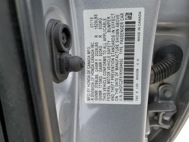 2HGFC2F81KH584693 - 2019 HONDA CIVIC SPORT GRAY photo 12