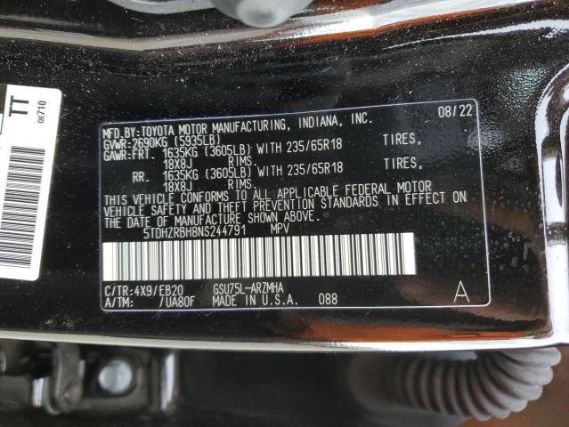 5TDHZRBH8NS244791 - 2022 TOYOTA HIGHLANDER XLE Սև լուսանկար 13
