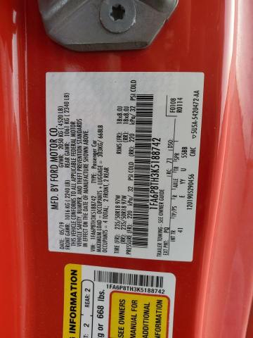 1FA6P8TH3K5188742 - 2019 FORD MUSTANG RED photo 12