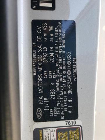 3KPF24AD6KE060985 - 2019 KIA FORTE FE SILVER photo 12