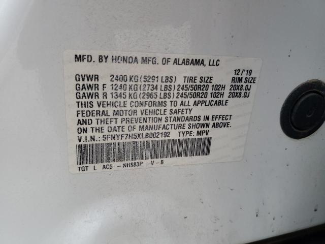 5FNYF7H5XLB002192 - 2020 HONDA PASSPORT EXL WHITE photo 13