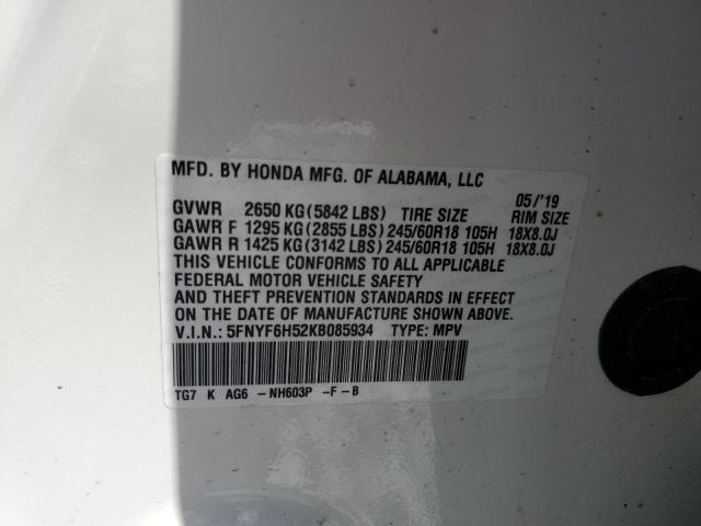 5FNYF6H52KB085934 - 2019 HONDA PILOT EXL WHITE photo 13