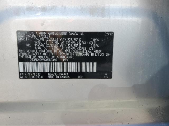 2T3BK4DV5CW069346 - 2012 TOYOTA RAV4 SILVER photo 13