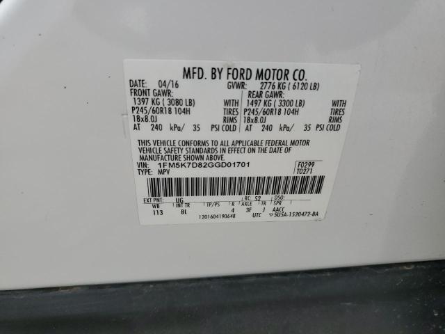 1FM5K7D82GGD01701 - 2016 FORD EXPLORER XLT WHITE photo 12
