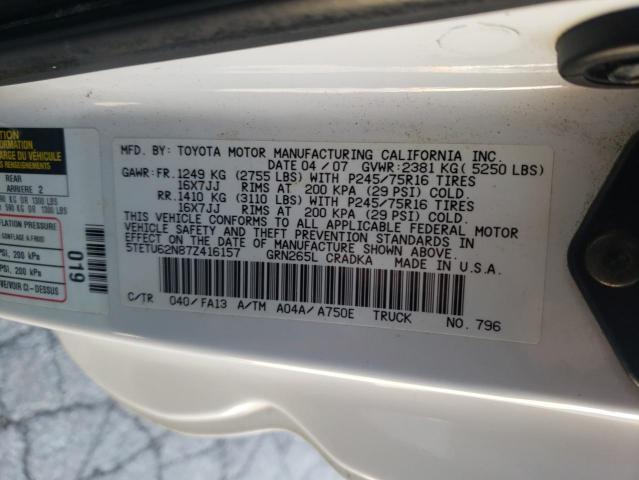 5TETU62N87Z416157 - 2007 TOYOTA TACOMA PRERUNNER ACCESS CAB WHITE photo 12
