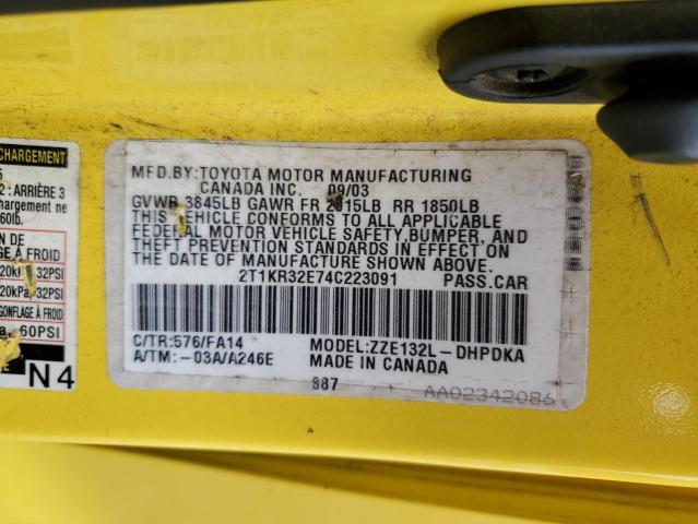 2T1KR32E74C223091 - 2004 TOYOTA COROLLA MA XR YELLOW photo 13