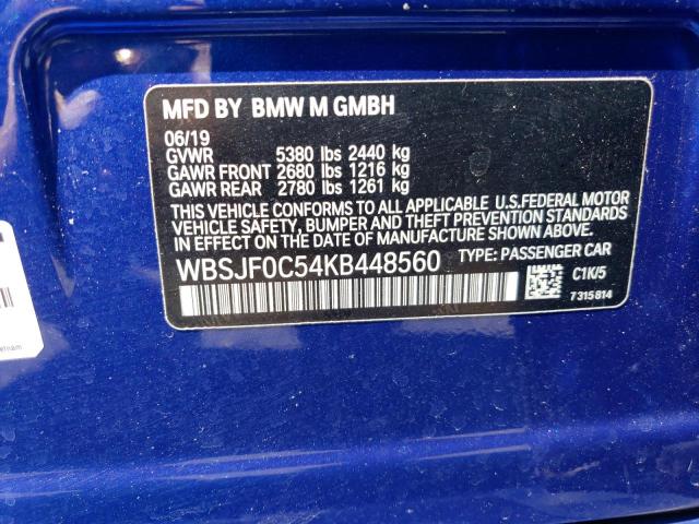 WBSJF0C54KB448560 - 2019 BMW M5 BLUE photo 12