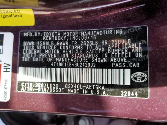 4T1BK1EB4GU242002 - 2016 TOYOTA AVALON XLE PURPLE photo 12