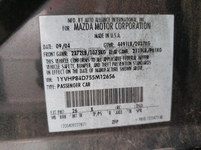 1YVHP84D755M12656 - 2005 MAZDA 6 S GRAY photo 12