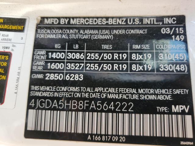 4JGDA5HB8FA564222 - 2015 MERCEDES-BENZ ML 350 4MATIC WHITE photo 13