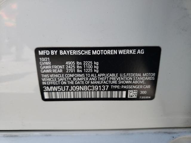 3MW5U7J09N8C39137 - 2022 BMW M340I WHITE photo 13