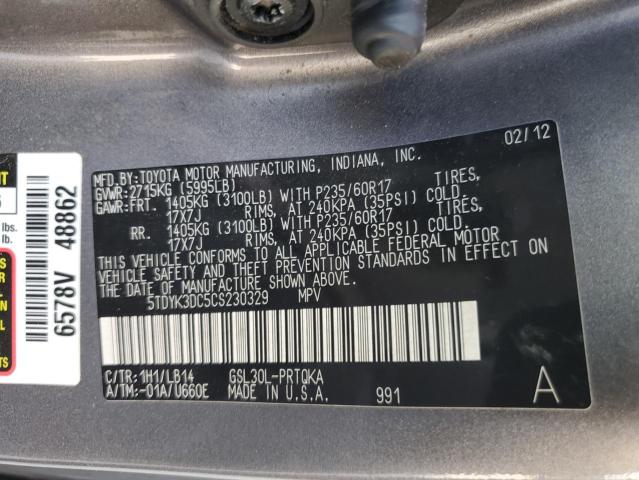 5TDYK3DC5CS230329 - 2012 TOYOTA SIENNA XLE GRAY photo 14