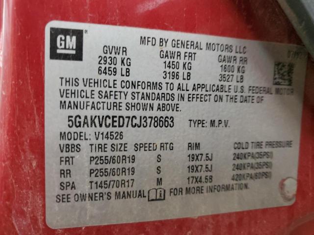 5GAKVCED7CJ378663 - 2012 BUICK ENCLAVE RED photo 13