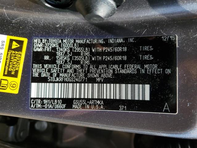 5TDJKRFH0GS240771 - 2016 TOYOTA HIGHLANDER XLE Boz foto 13