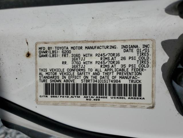 5TBRT34101S174984 - 2001 TOYOTA TUNDRA ACCESS CAB თეთრი ფოტო 12