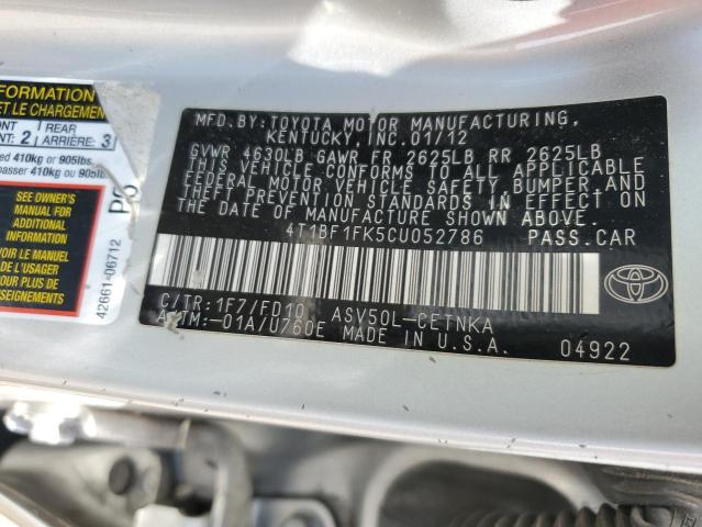 4T1BF1FK5CU052786 - 2012 TOYOTA CAMRY BASE SILVER photo 12