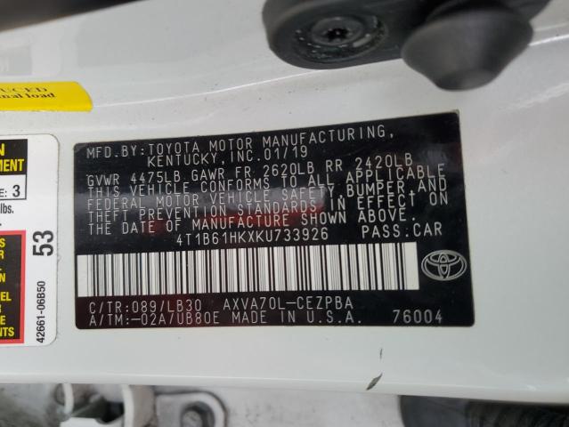 4T1B61HKXKU733926 - 2019 TOYOTA CAMRY XSE WHITE photo 13