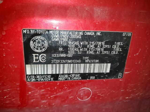 2T3ZF33V79W013349 - 2009 TOYOTA RAV4 RED photo 13